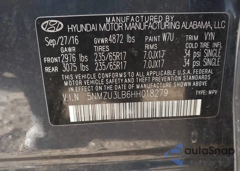 2017 Hyundai Santa Fe Sport 2.4L z USA, uszkodzony, nr VIN 5NMZU3LB6HH018279